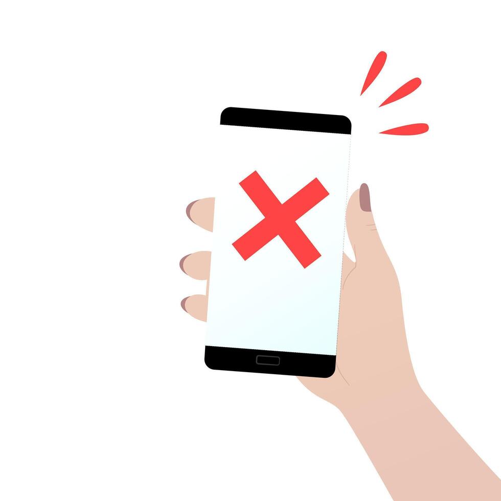 Smartphone with red cross icon. Rejected transaction. Woman hand holding a smartphone. vector