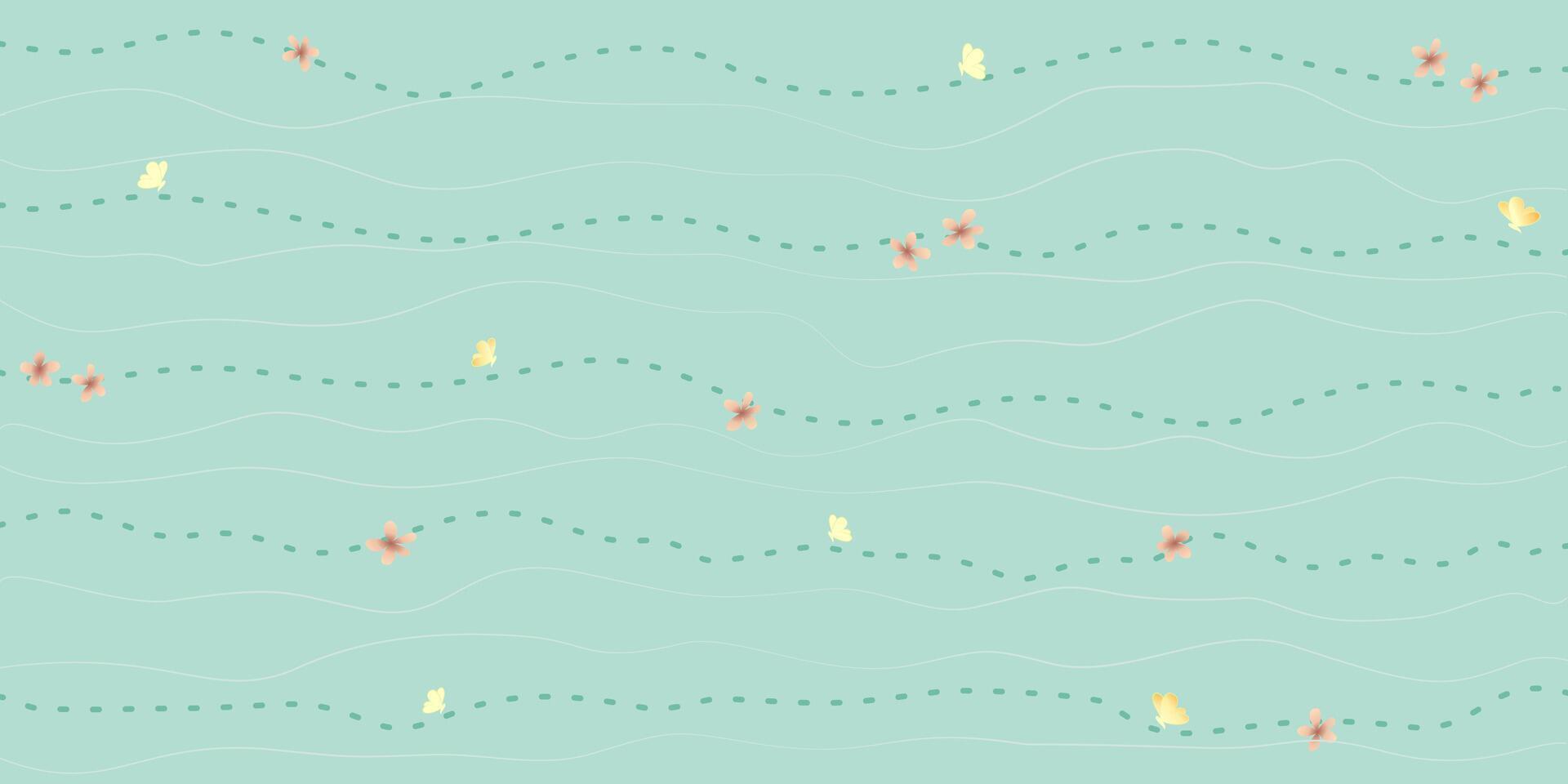 Green stylish minimalistic thin stripes dashed outline pattern with tiny flowers and butterfly. vector