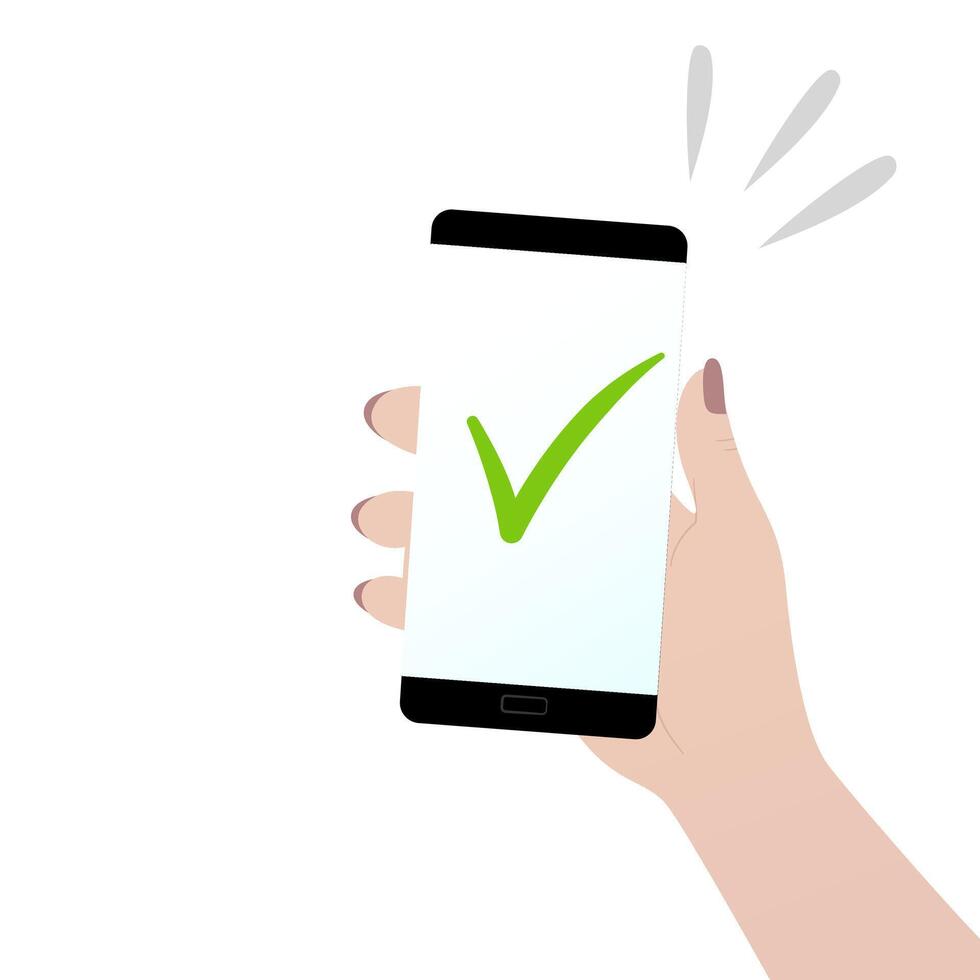 hand holding mobile phone with green check mark. vector