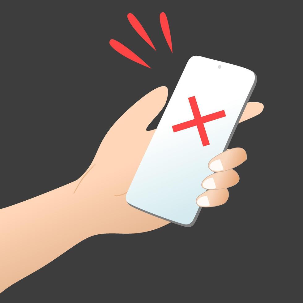 Smartphone with red cross icon. Rejected payment or transaction. Woman hand holding a smartphone. vector