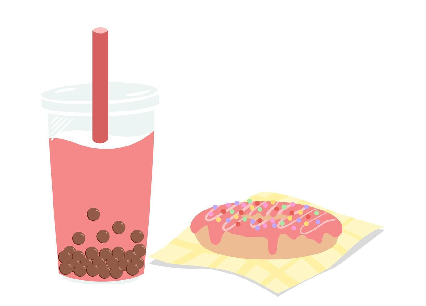 Cute illustration of pink glazed donut and a cup of bubble pink ice with a straw. The boba drink features tapioca pearls at the bottom. vector