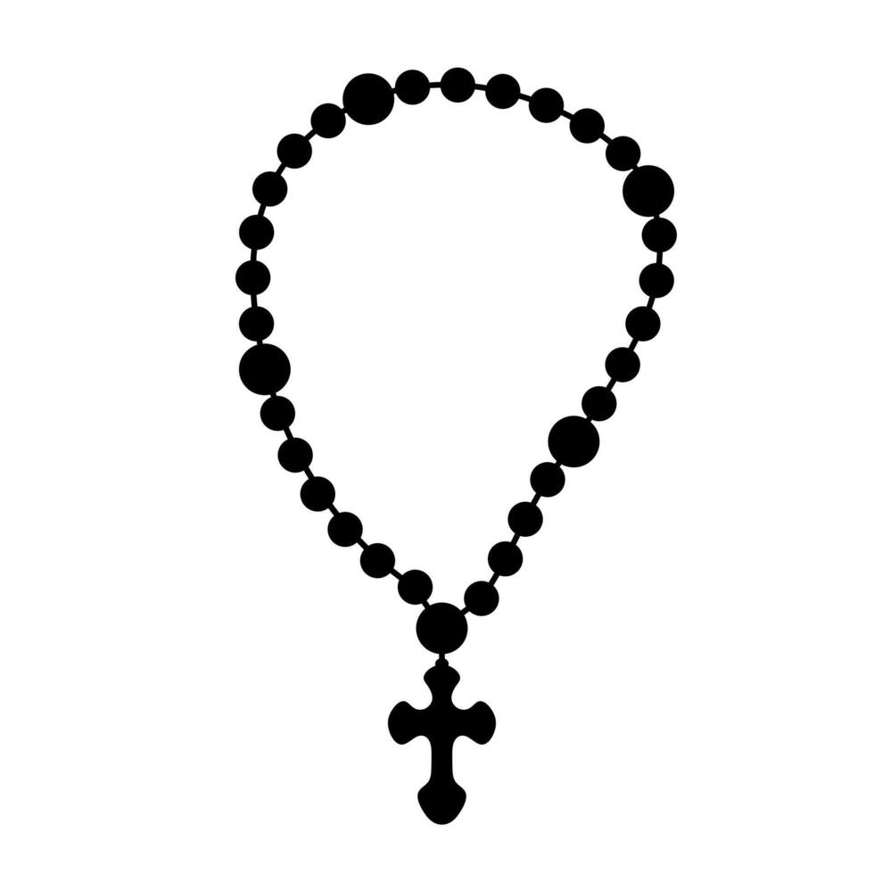 Silhouette of Rosary Beads with Cross. A black silhouette illustration of a traditional rosary necklace. The design features a series of round beads and a decorative cross. vector