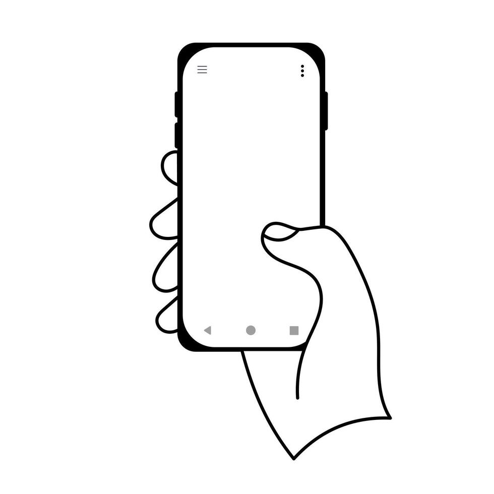 Hand Holding Smartphone with Blank Screen Illustration. The phone screen is blank with a minimal interface, including three navigation icons and two sets of small menu icons vector