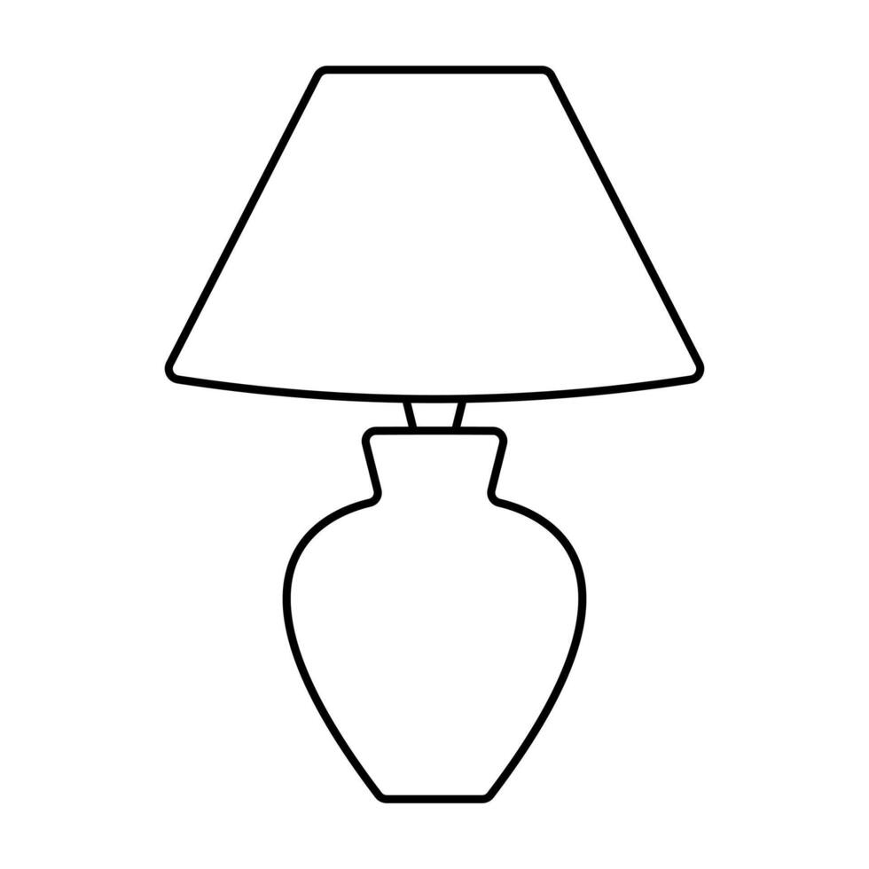 Table Lamp Outline Illustration. The design features a wide lampshade at the top and a rounded vase like base. vector