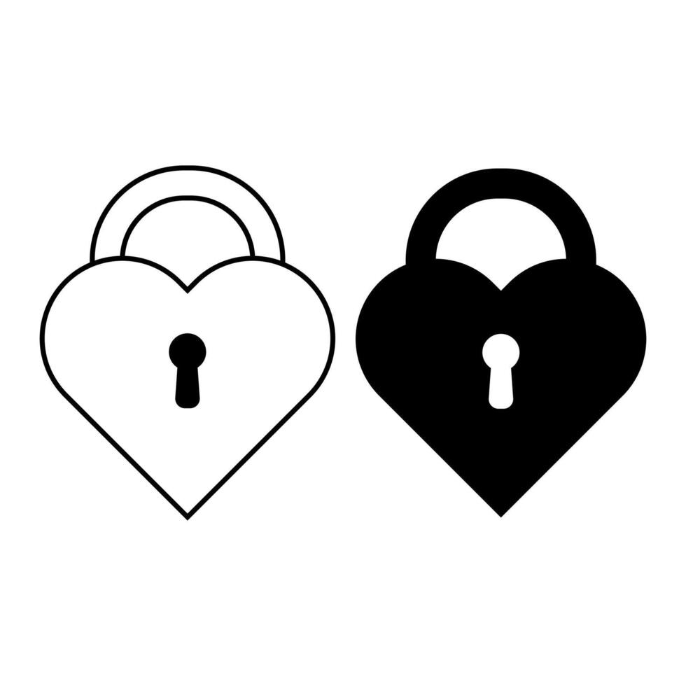 Heart Shaped Padlock with Keyholes. The image depicts two heart shaped padlocks side by side. One lock is outlined in black with a hollow interior, while the other is a solid black silhouette. vector