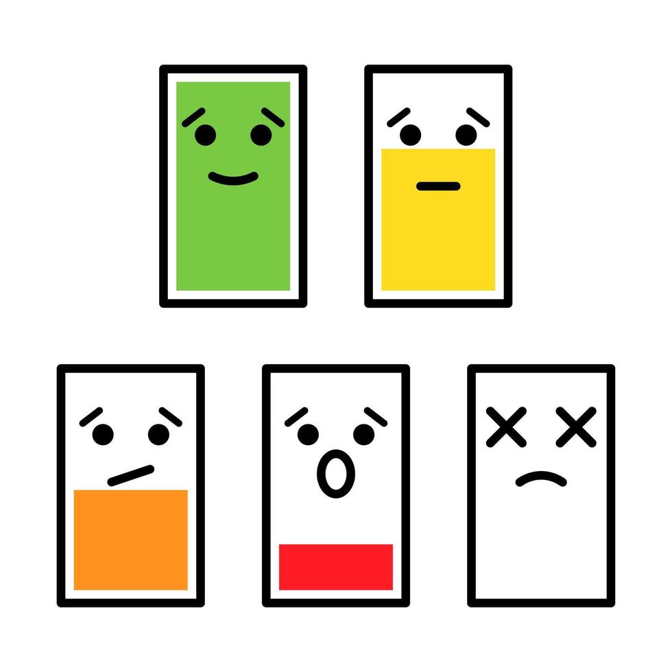 Battery Levels with Facial Expressions Illustration. A illustration representing five battery icons with varying charge levels, each paired with a corresponding facial expression. vector