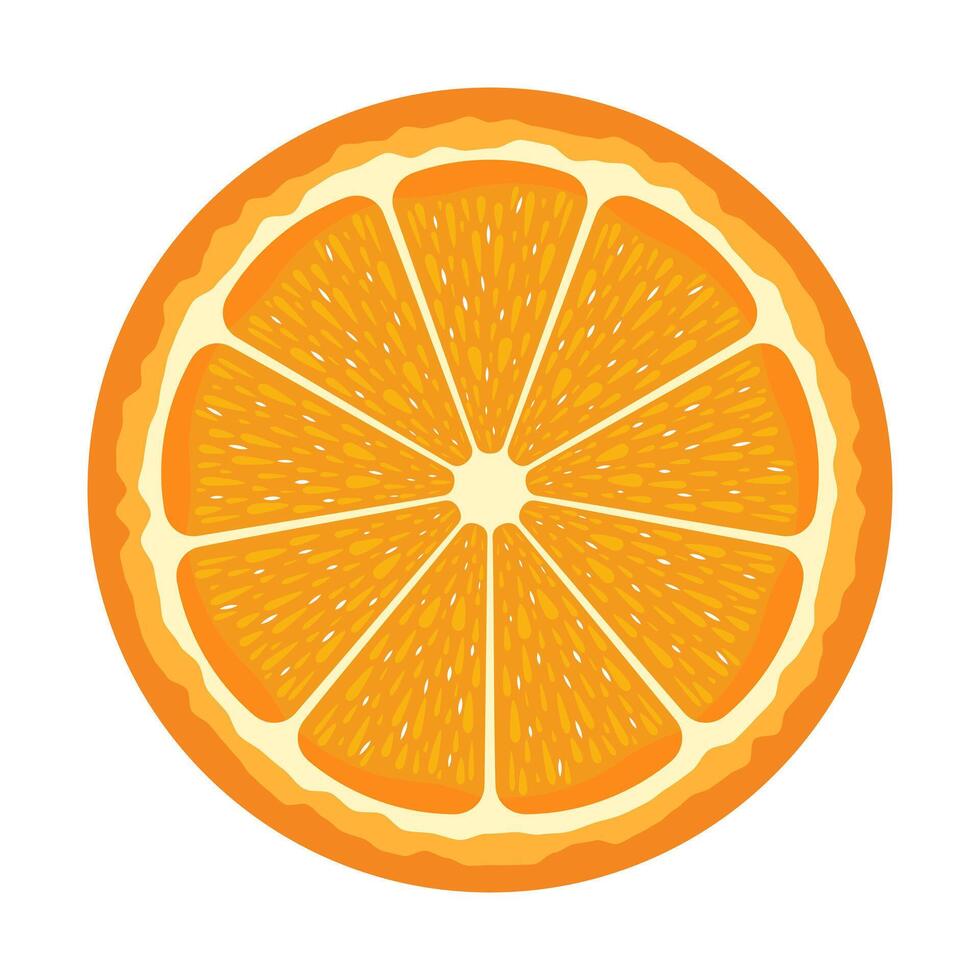 Fresh Orange Slice Illustration. The orange is divided into symmetrical segments radiating from the center, featuring bright orange tones and white seed like details. vector