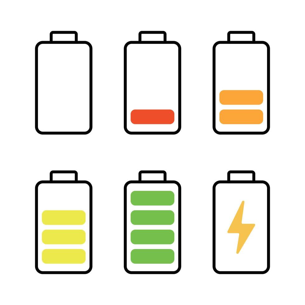 Battery Charge Level Icons Set Illustration. An illustration featuring six battery icons representing different charge levels and status. vector