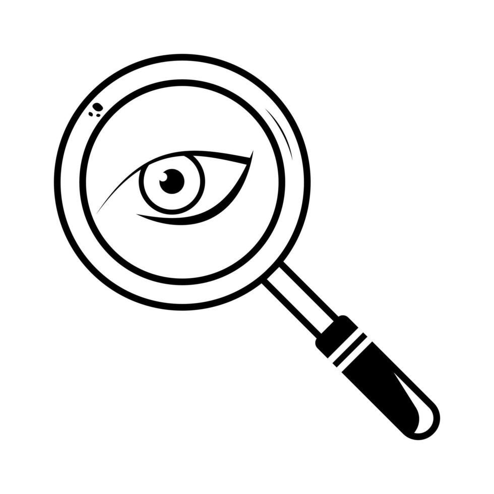 Magnifying Glass with Eye Inside Illustration. A black and white illustration of a magnifying glass with a detailed human eye inside the lens. vector