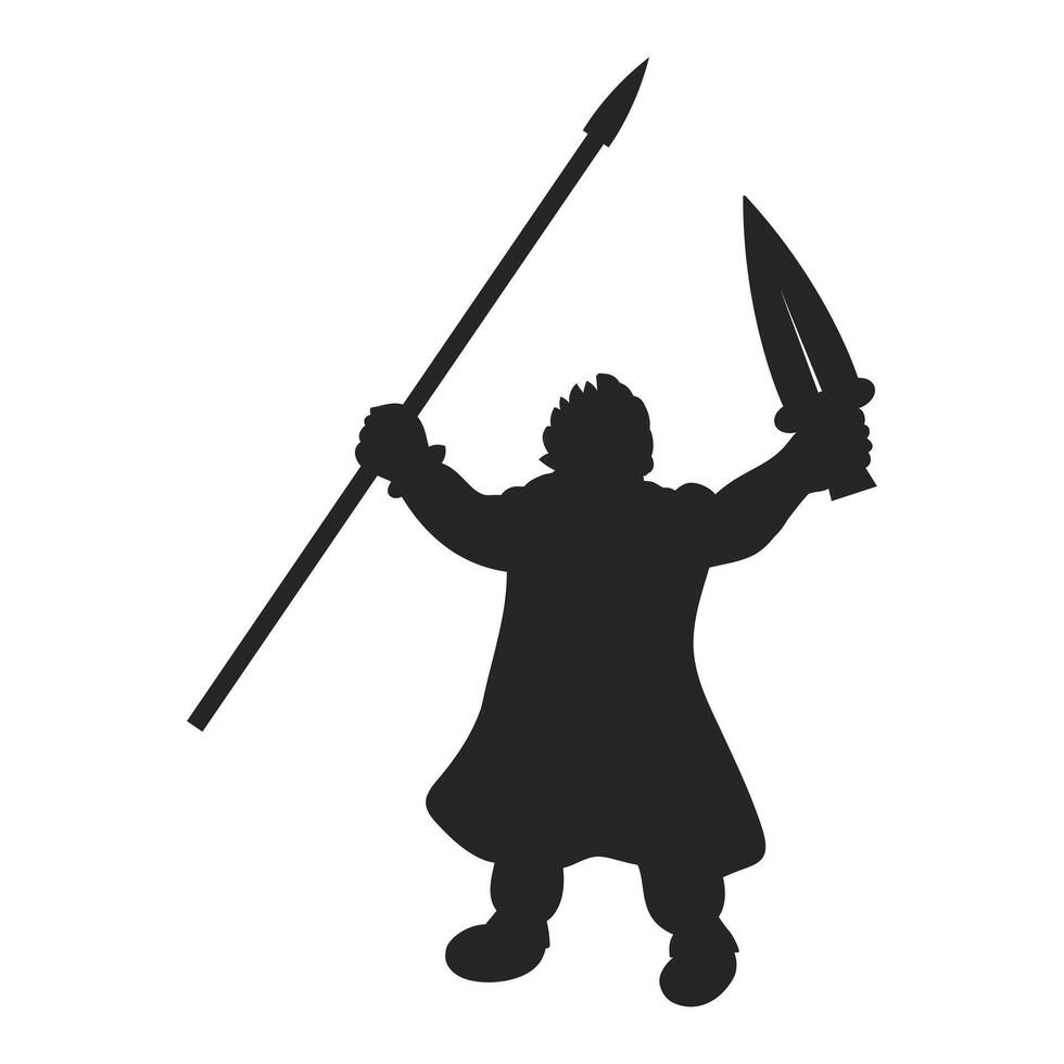 Warrior with Spear and Sword Silhouette. A black silhouette of a warrior holding a spear in one hand and a short sword in the other. vector