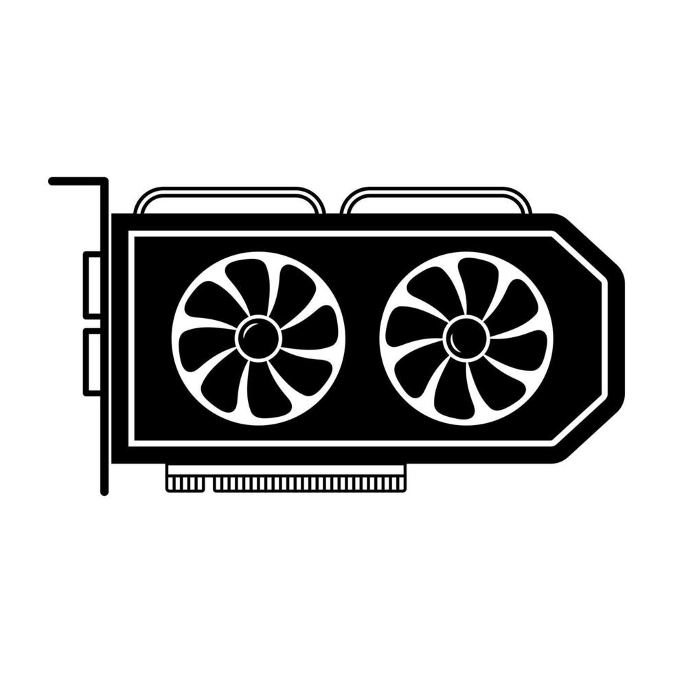 Computer Graphics Card with Dual Fans Illustration. The artwork features a detailed side view of the GPU, clearly showcasing two large cooling fans positioned on the front panel. vector