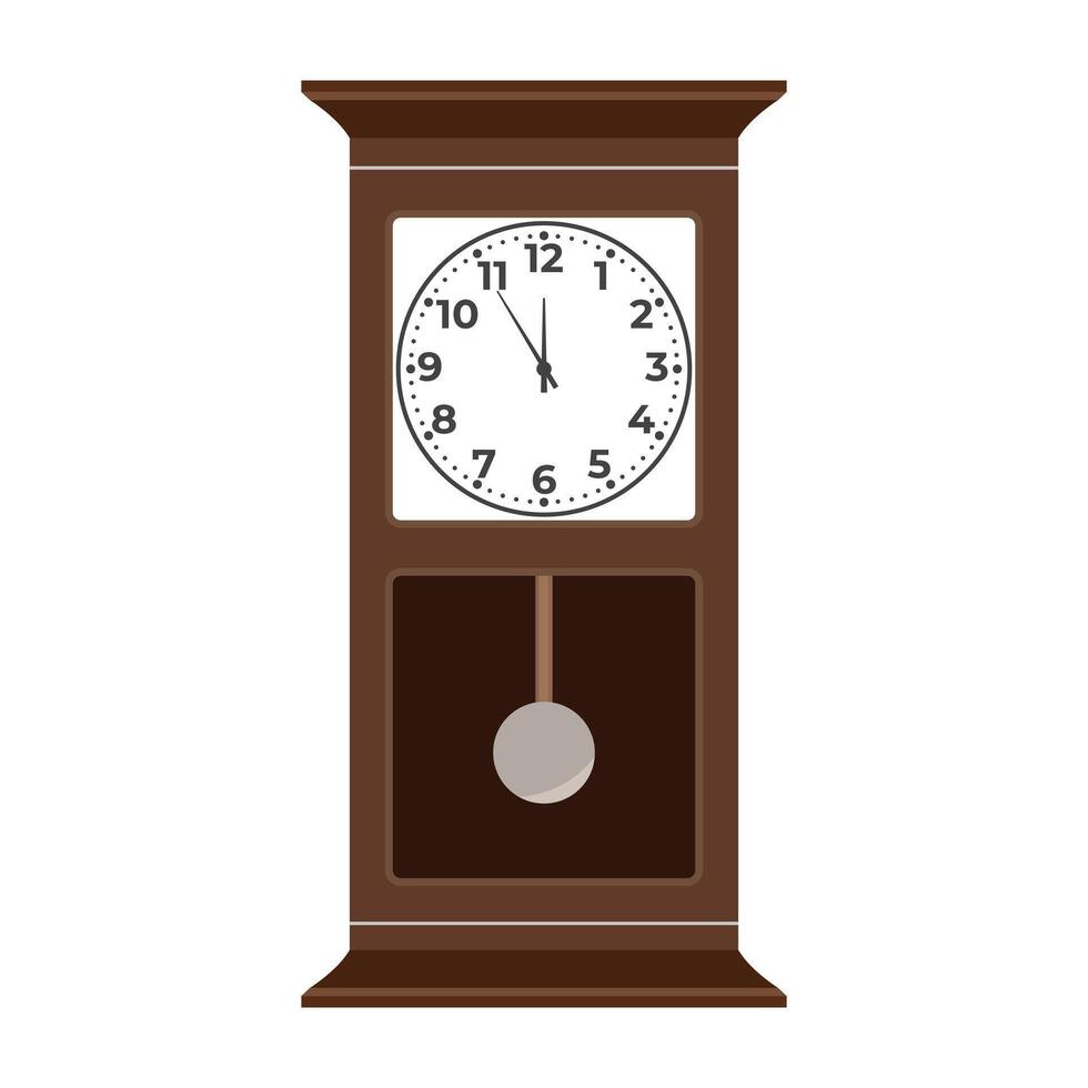 Vintage Grandfather Clock with Pendulum Illustration. The lower section of the clock includes a visible swinging pendulum encased in a dark rectangular compartment. vector