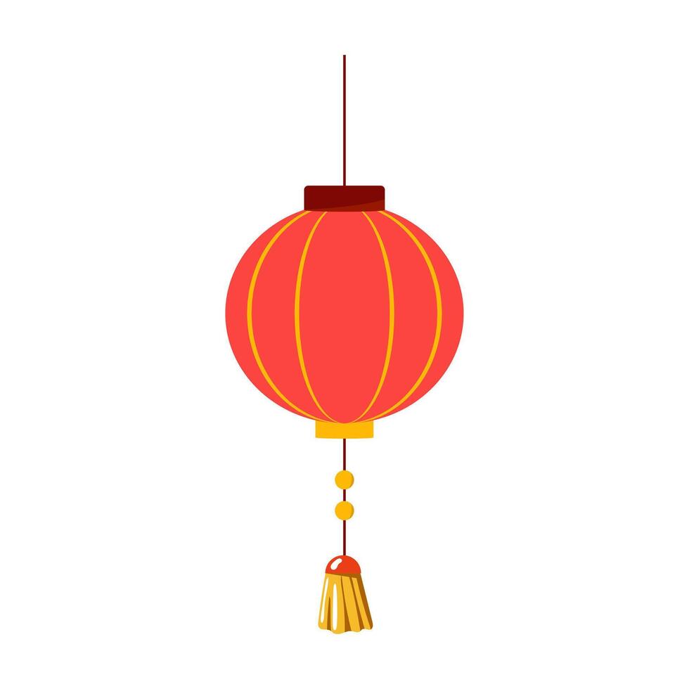 Traditional Red Chinese Lantern Illustration. The lantern is round with a smooth surface, decorated with elegant yellow vertical stripes and golden ornamental details. vector