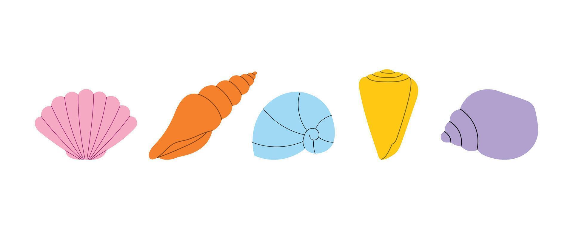 Seashell set. Ocean exotic underwater seashell conch aquatic mollusk, sea spiral snail collection. Tropical beach shells. Modern flat style isolated on white background. vector