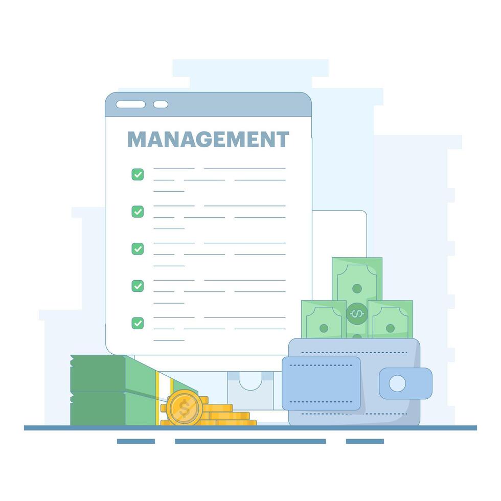 Money management concept, Wallet with money. Accounting and saving money. Money management business. Personal finance management and savings. Flat design illustration. vector