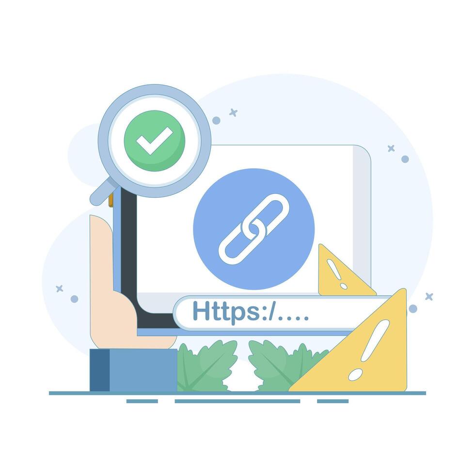 concept of protection from malicious links. suspicious and malicious hyperlinks, safe browsing and warning notifications, security system in browsers. unsafe websites. flat design. vector