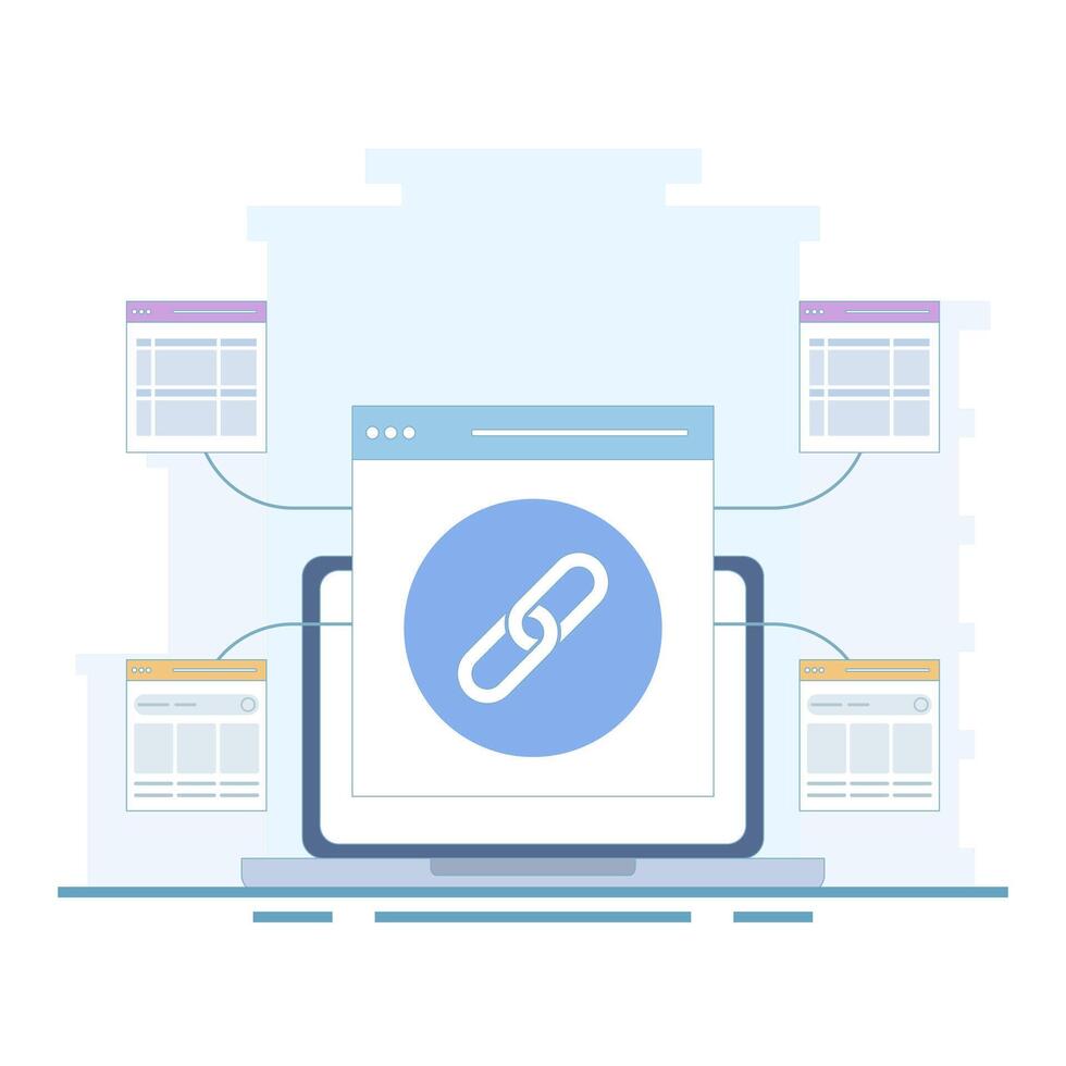 Website Link Building Concept, Link Building as Search Engine Optimization, Link Marketing and Building. hyperlink system creation, website collaboration. Flat cartoon style design illustration. vector