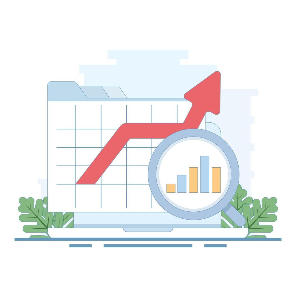 Business data analysis concept. magnifying glass on bar chart with arrow pointing up, business financial investment. dashboard information chart report. data analysis and growth. flat design. vector