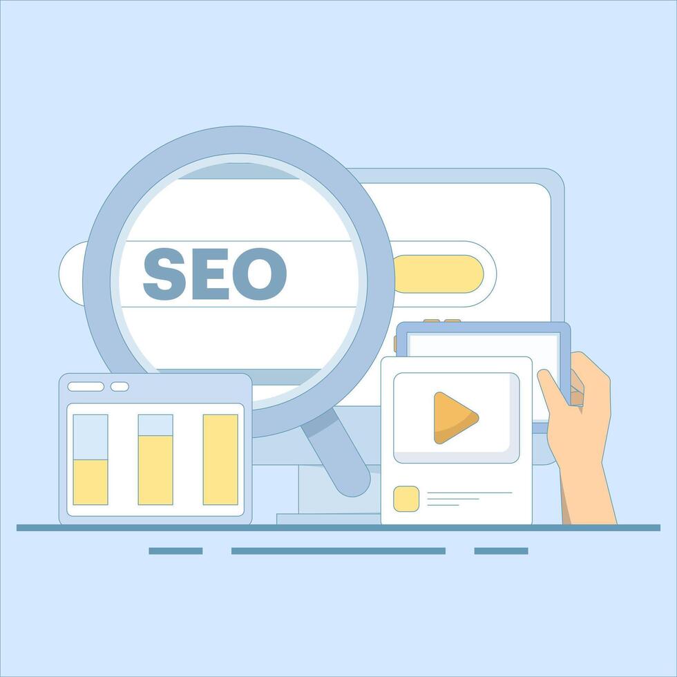 Search engine optimization concept, social media marketing. search marketing, SEO services, analysis and planning strategies. SEO optimization. flat style design illustration on background. vector