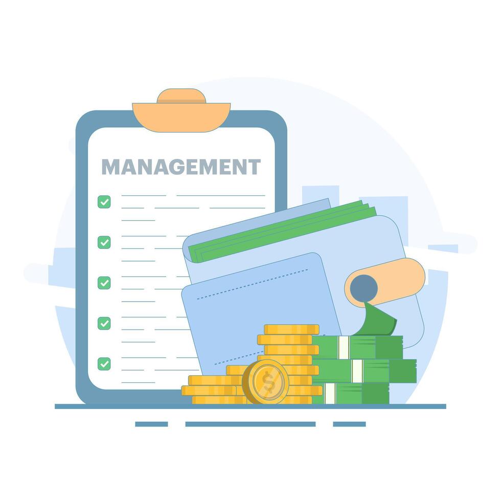 Money management concept, Wallet with money. Accounting and saving money. Money management business. Personal finance management and savings. Flat style design on background. vector