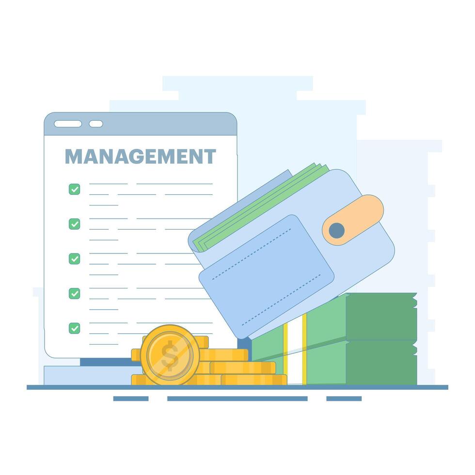 Money management concept, Wallet with money. Accounting and saving money. Money management business. Personal finance management and savings. Flat style design illustration. vector