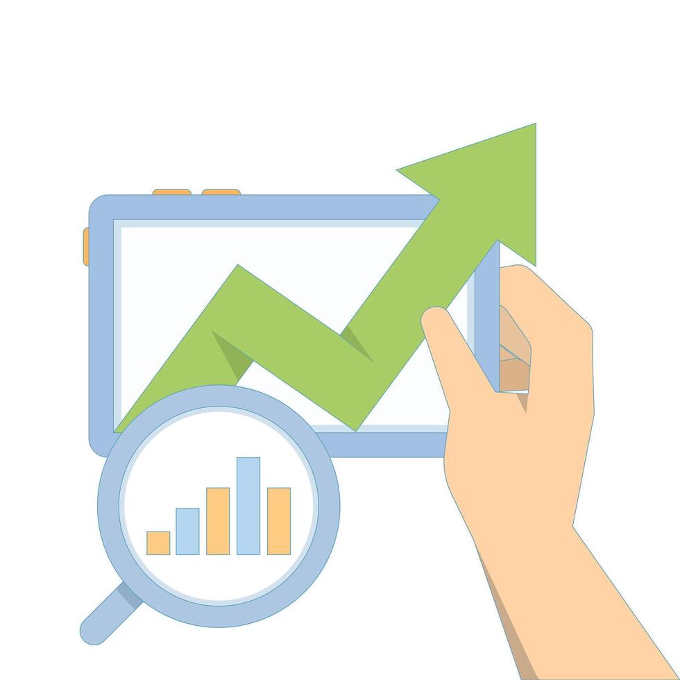 Business data analysis concept. magnifying glass on bar chart with arrow pointing up, business financial investment. dashboard information chart report. showing data analysis and growth. design. vector