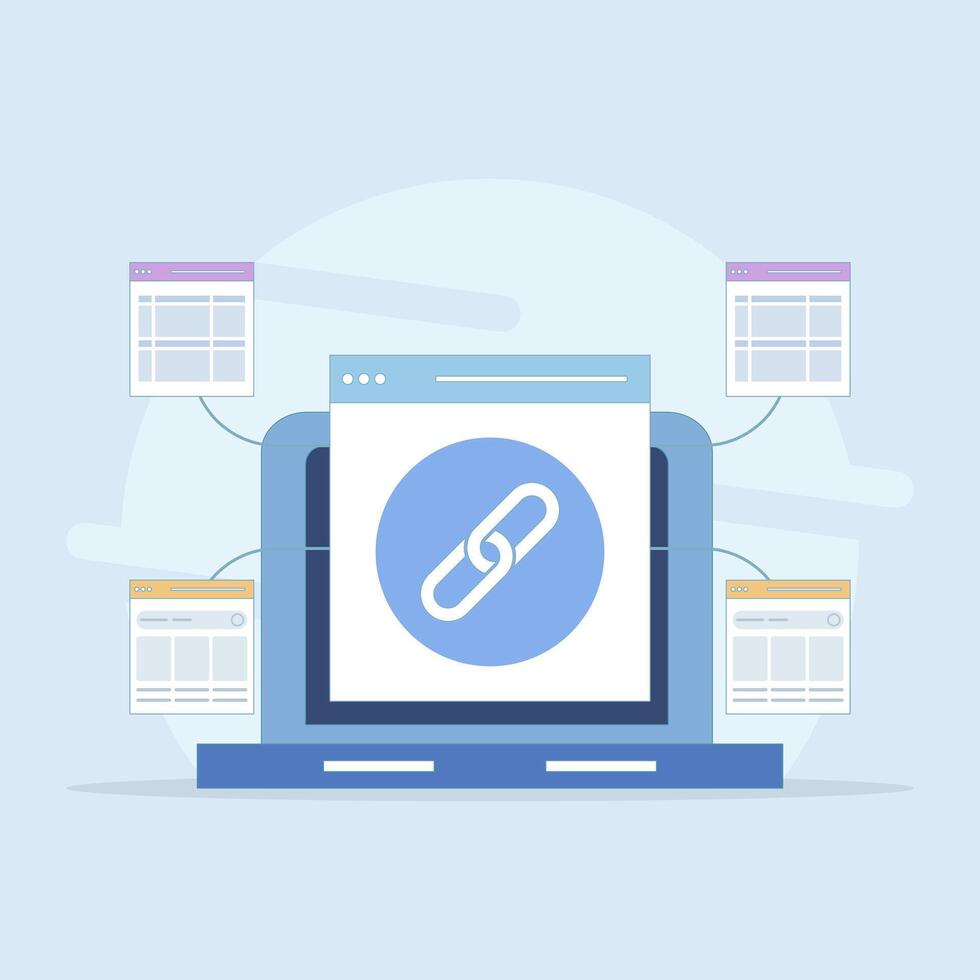 Website Link Building Concept, Link Building as Search Engine Optimization, Link Marketing and Building. hyperlink system creation, website collaboration. Flat style design illustration. vector