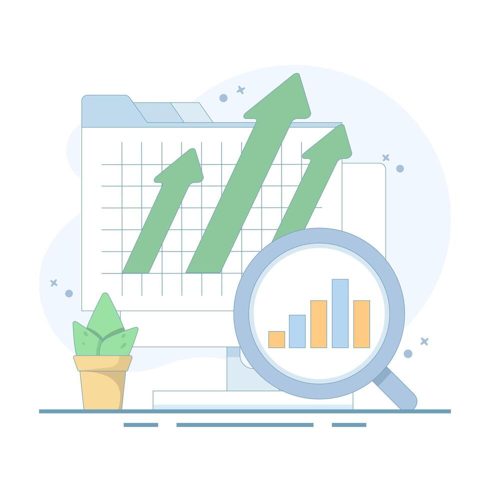 Business data analysis concept. magnifying glass on bar chart with arrow pointing up, business financial investment. dashboard information chart report. showing data analysis and growth. vector