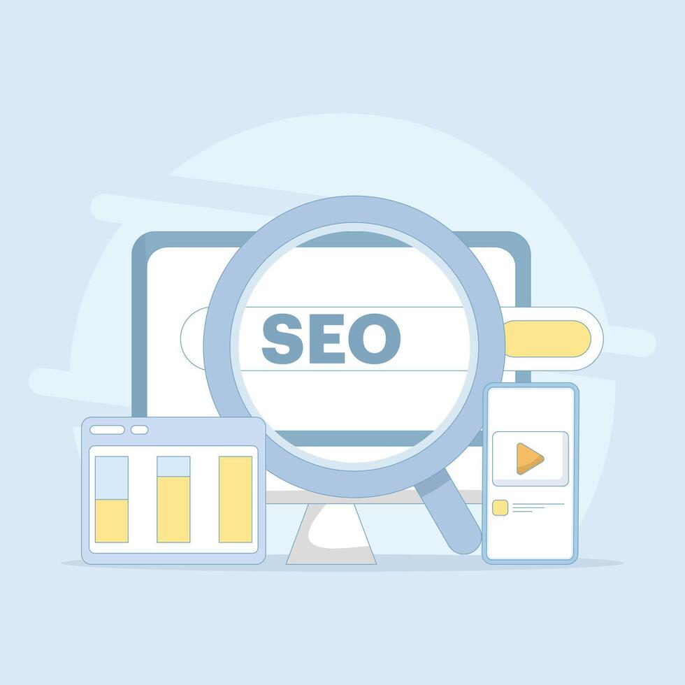Search engine optimization concept, social media marketing. search marketing, SEO services, analysis and planning strategies. SEO optimization. flat style design illustration. vector