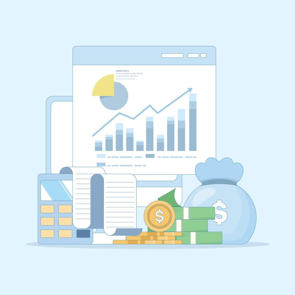 Accounting and finance expert concept. Budget income. Accounting profit is calculated by subtracting expenses from income. Business accountant with calculator. Flat style design illustration. vector