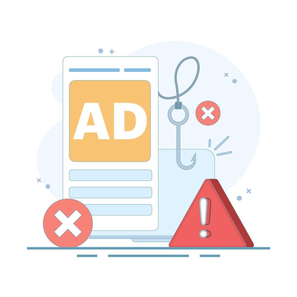 Ad fraud concept. Ad click fraud. Ad fraud generates fake ad impressions, makes money, cyber fraud and crime, fraud alerts, hacker attacks and web security. flat design illustration. vector