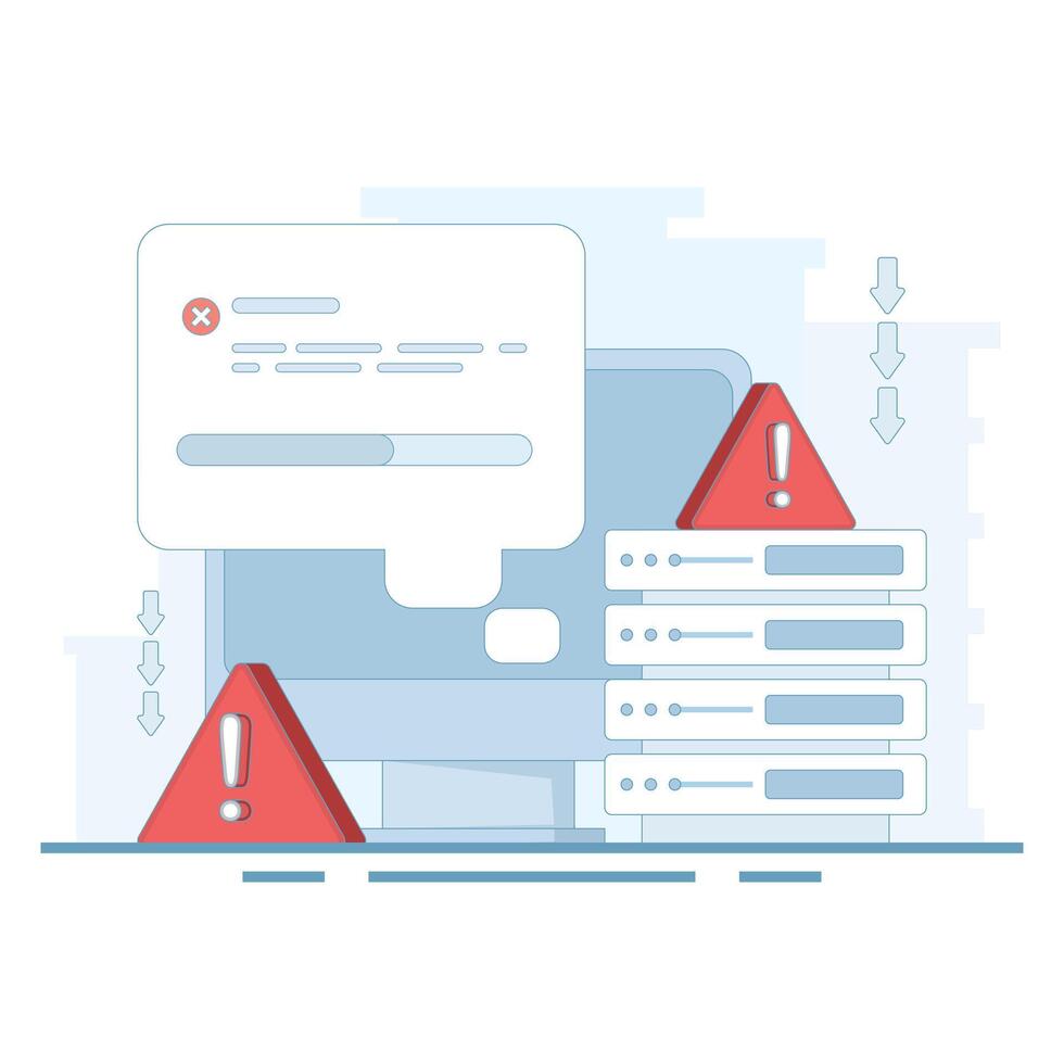 Server errors and failures. Poor Hosting Quality. Server Downtime. Traffic Flood, and DNS Issues. Service Disconnection. Server errors and failures. Flat illustration on background. vector