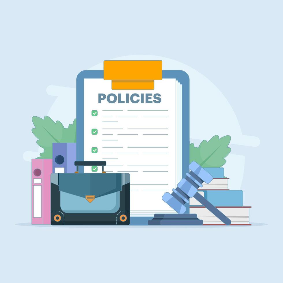 Regulatory compliance rules concept for office employees to achieve business goals, moral and productivity standards, company policies with checklist. Flat illustration. vector
