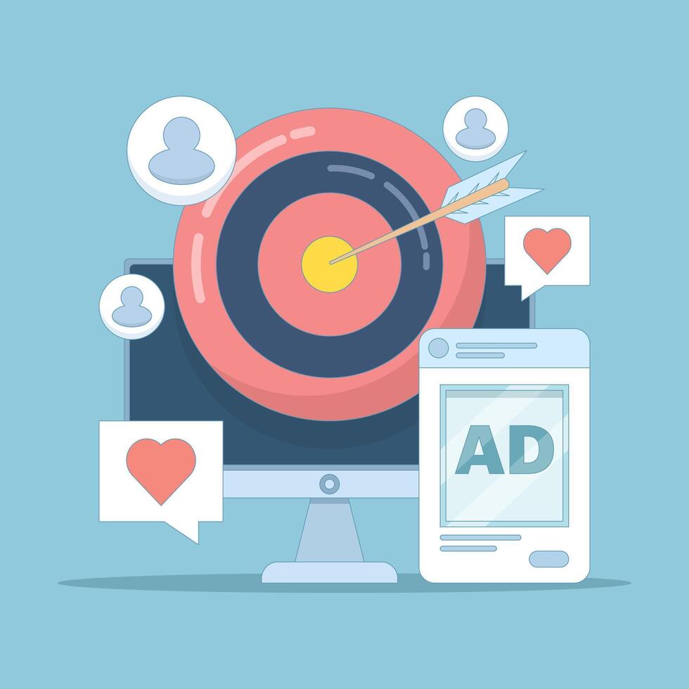 Concept Targeting specific audience through social media marketing technology, Targeting audience through social media advertising campaigns, Creative content marketing advertising. design vector