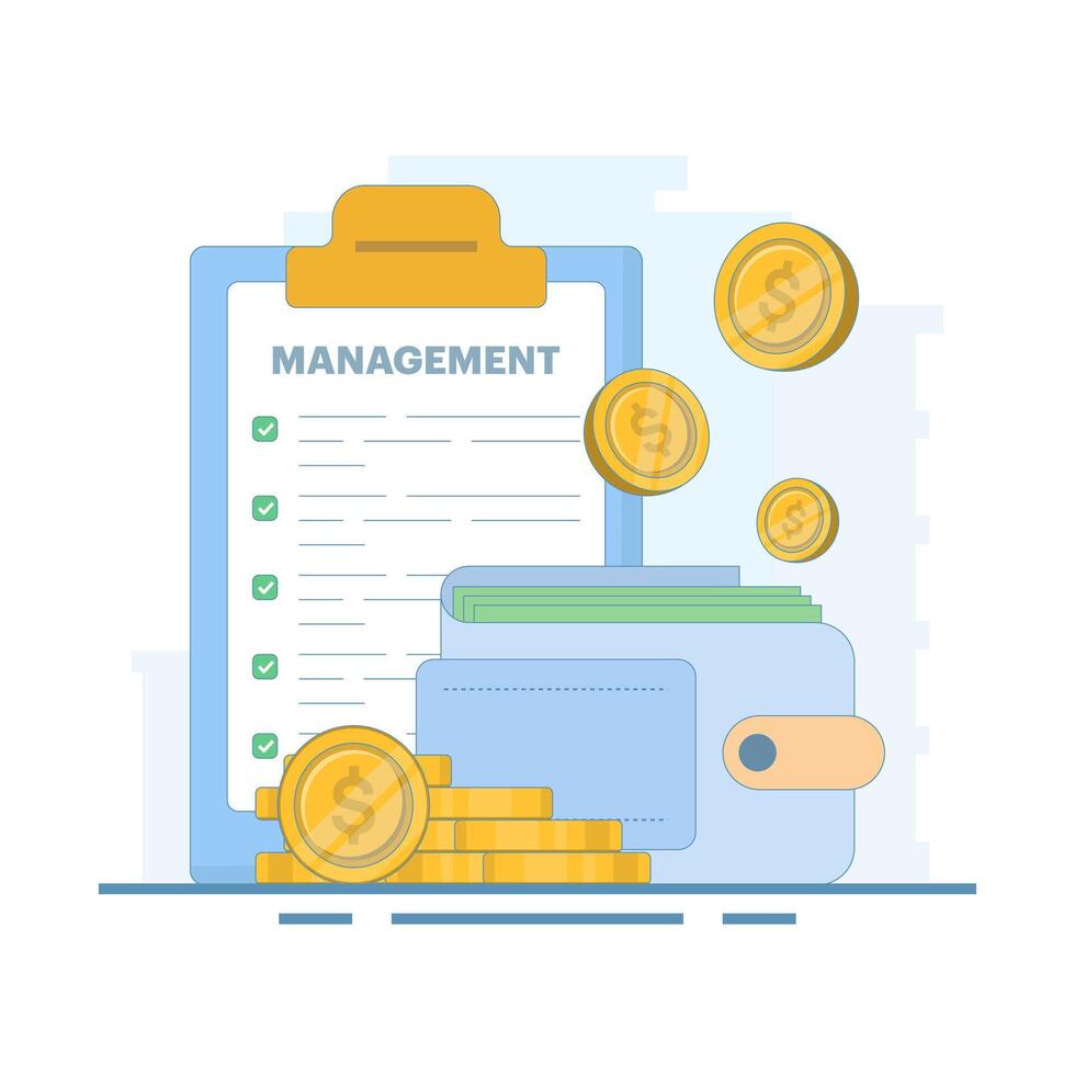 Money management concept, Wallet with money. Accounting and saving money. Money management business. Personal finance management and savings. Flat style illustration. vector