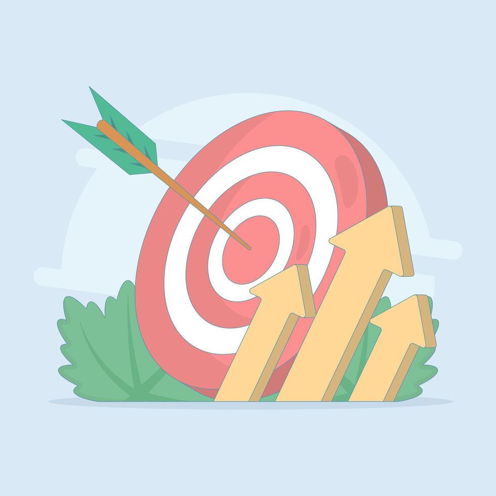 Concept of success in business. Achieving goals. Dart board, arrows, diagrams. Business growth, business plan, financial targets, goals and objectives. Flat design illustration on background. vector