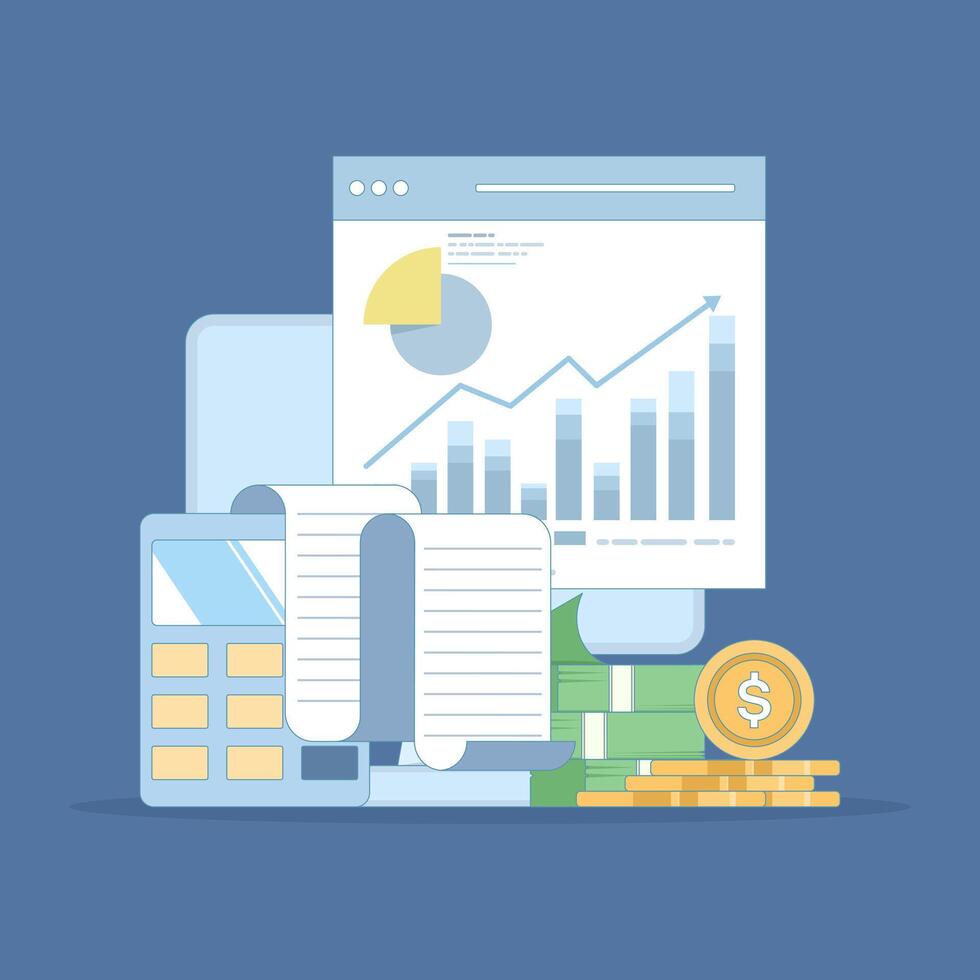 Accounting and finance expert concept. Budget income. Accounting profit is calculated by subtracting expenses from revenue. Business accountant with calculator. Flat style design. vector