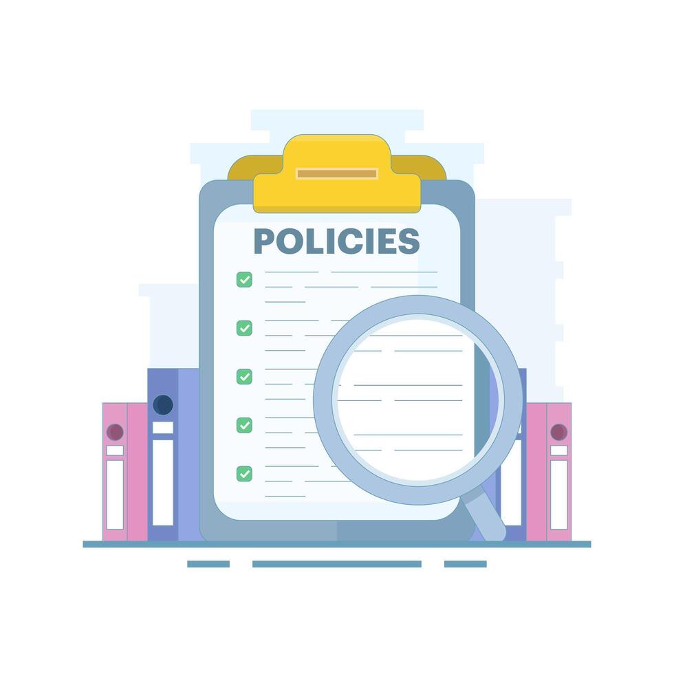 Regulatory compliance rules concept for office employees to achieve business goals, moral and productivity standards, company policies with checklist. Flat illustration on background. vector