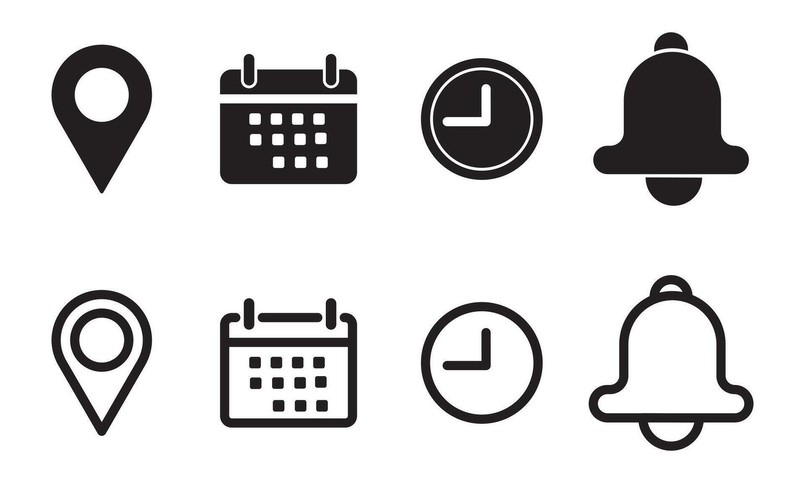 Calendar, location, notification bell time, Address, clock, icon set. event, date, address, reminder, illustration. vector