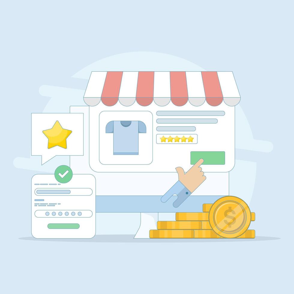 eCommerce Marketing Concept. Browsing eCommerce Website, Buying products from eCommerce web. Safe online shopping. Flat style design illustration on background. vector