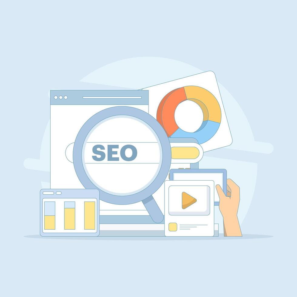 Search engine optimization concept, social media marketing. search marketing, SEO services, analysis and planning strategies. SEO optimization. flat design illustration on background. vector