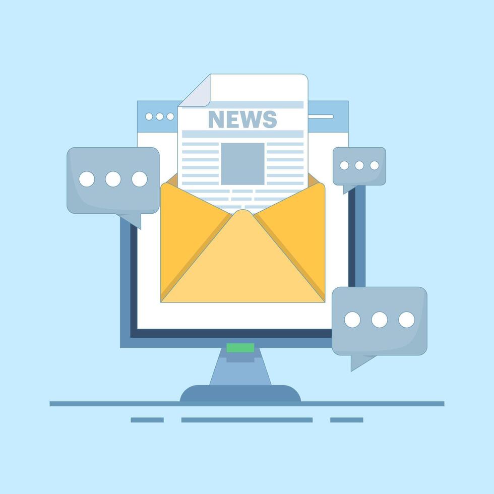 Email newsletter concept, Email marketing, SEO on email marketing, digital news, subscription renewal. Online business strategy, newsletter marketing. Flat design illustration on background. vector