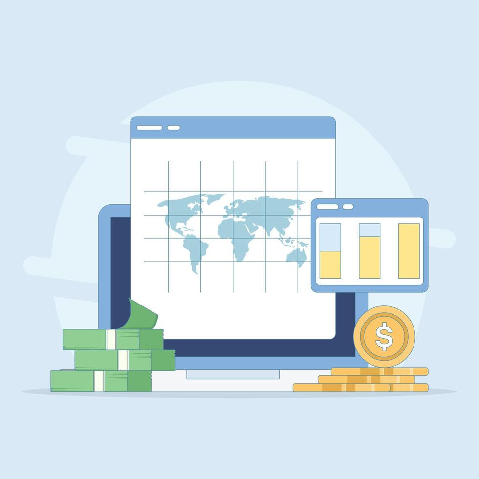 financial data concept or investment market profit report. Business Data Analysis. analysis tab with graphs and statistics. business financial success report. flat design illustration. vector