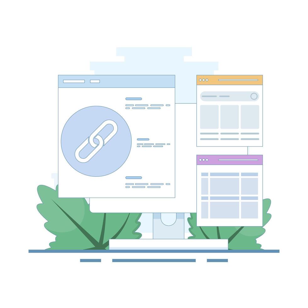 Website Link Building Concept, Link Building as Search Engine Optimization, Link Marketing and Building. hyperlink system creation, website cooperation. Flat design illustration in the background. vector