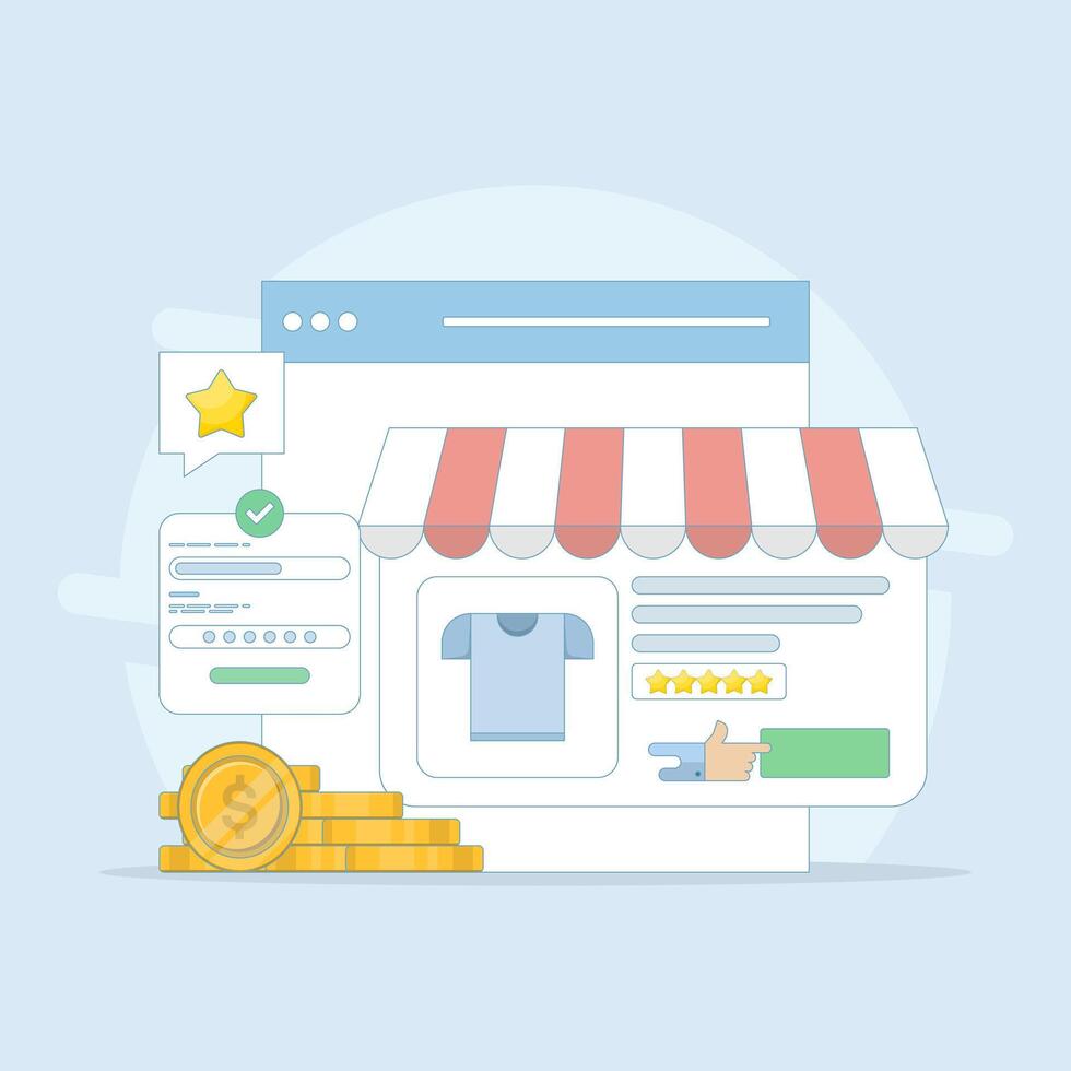eCommerce Marketing Concept. Browsing eCommerce Website, Buying products from eCommerce web. Safe online shopping. Flat cartoon style design illustration on background. vector