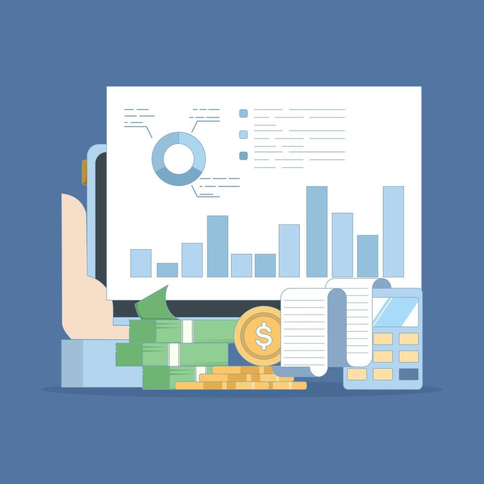Accounting and finance expert concept. Budget income. Accounting profit is calculated by subtracting expenses from revenue. Business accountant with calculator. Flat illustration. vector