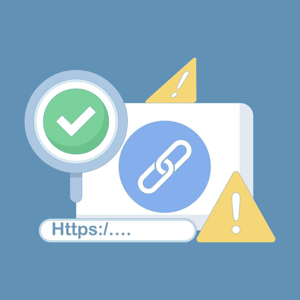 concept of protection from malicious links. suspicious and malicious hyperlinks, safe browsing and warning notifications, security system in browsers. unsafe websites. flat illustration. vector
