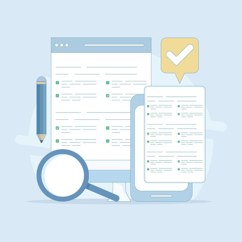 Testing concept. Reading test. Online test, questionnaire form, Explore quiz checklist answers and success results. Online education, survey metaphor. Flat design illustration. vector