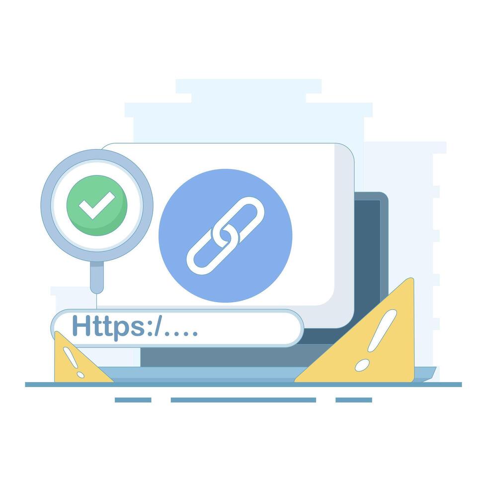 concept of protection from malicious links. suspicious and malicious hyperlinks, safe browsing and warning notifications, security system in browsers. unsafe websites. flat style design. vector