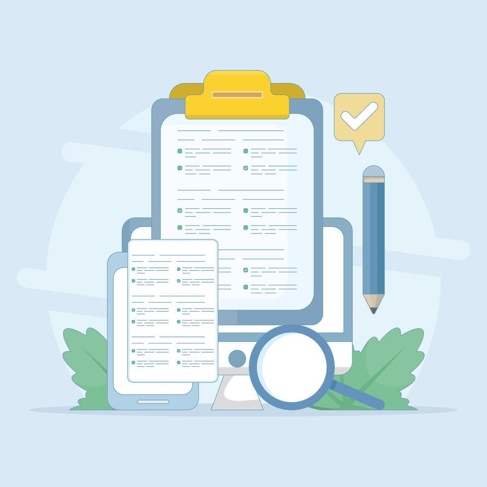 Testing concept. Reading test. Online exam, questionnaire form, Explore quiz checklist answers and success results. Online education, survey metaphor. Flat design illustration in the background. vector